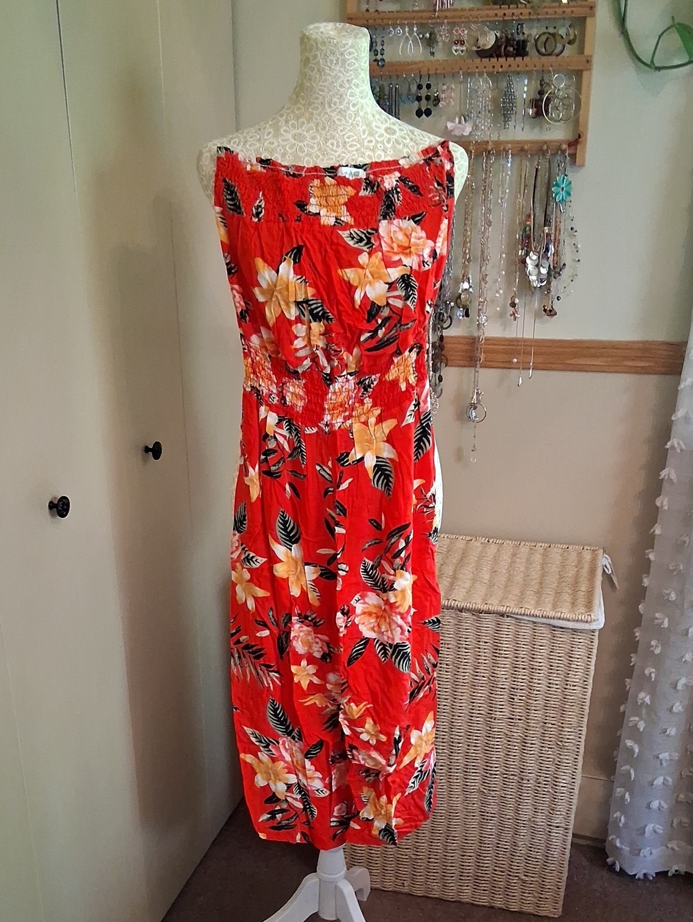 LA Gypsy Orange Tropical Floral Strapless Jumpsuit. Size S